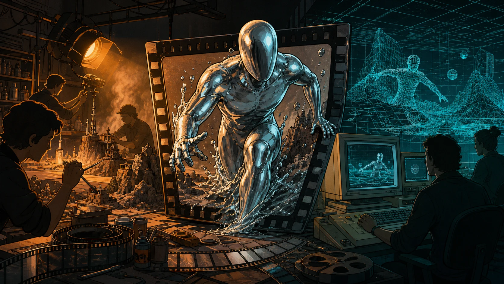 A cartoon early-1990s effects workshop combines miniature craft, film, and vintage computer graphics around a reflective silver figure