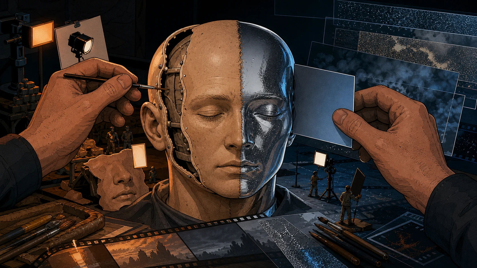 A cartoon effects artist aligns a practical mannequin surface with a reflective digital half inside one composite frame