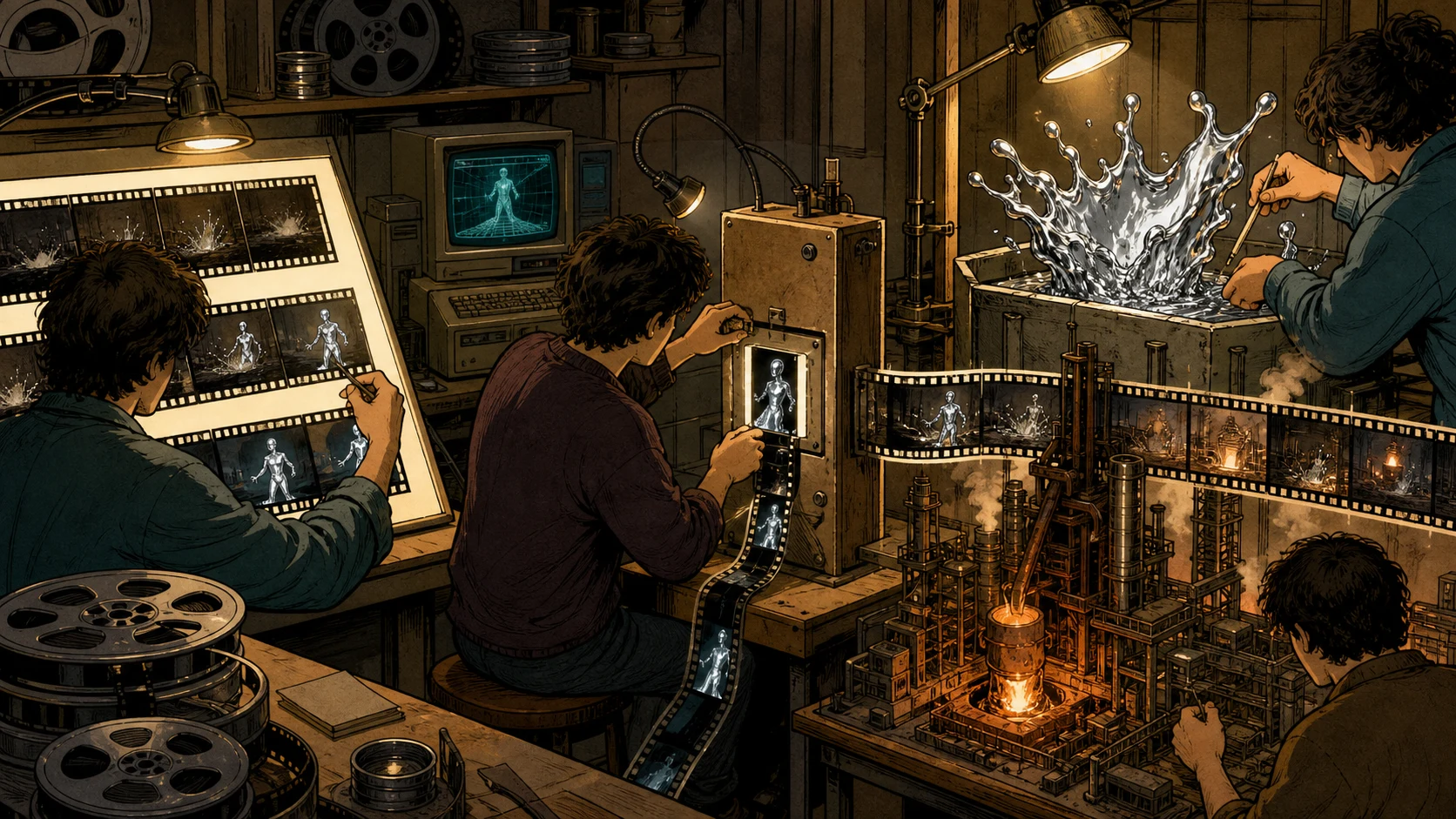 A cartoon effects crew routes selected film frames through a small digital machine beside practical miniature and creature work