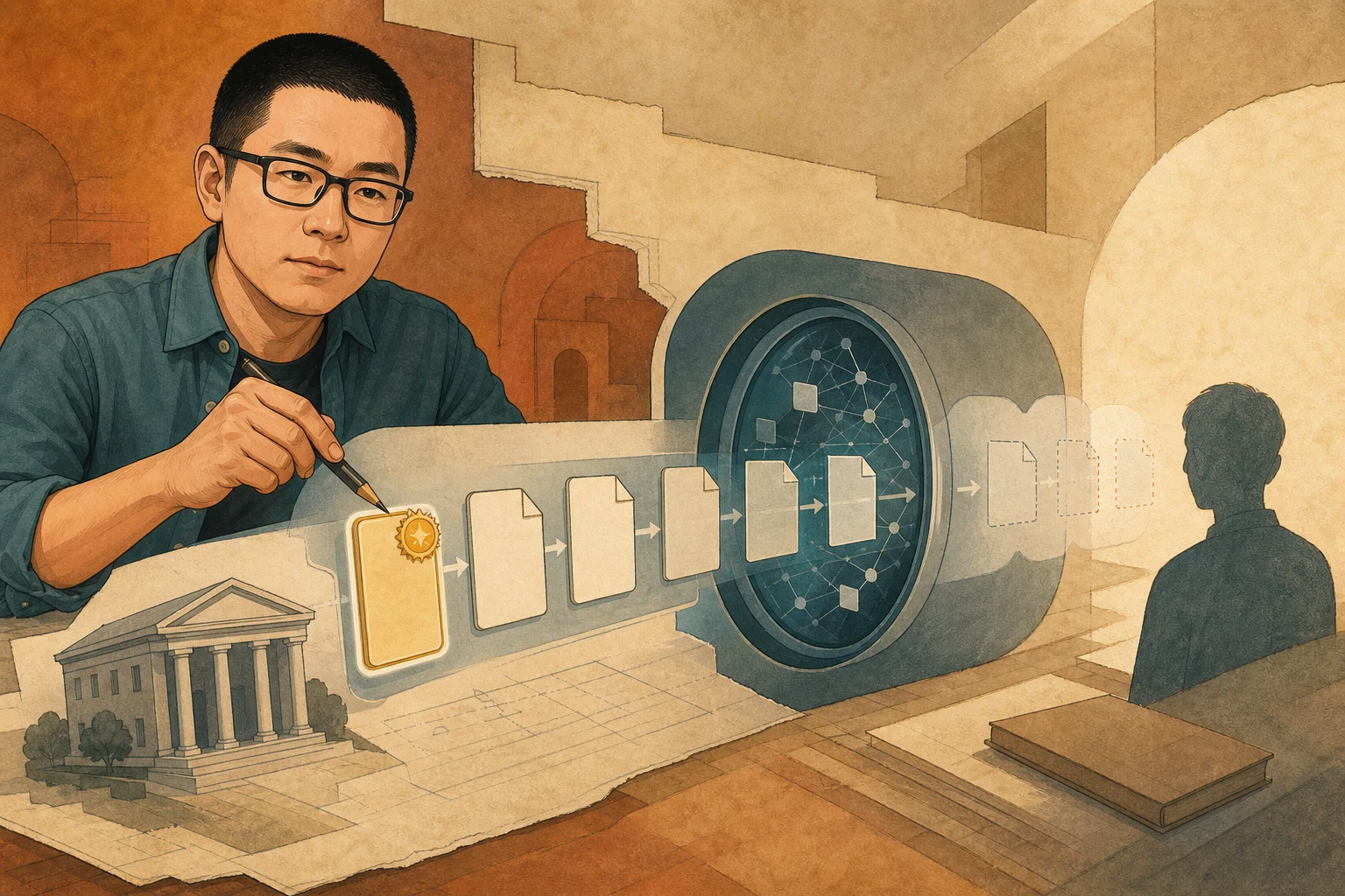Mark traces a gold sponsored card as it passes through an AI system and fades before reaching a reader