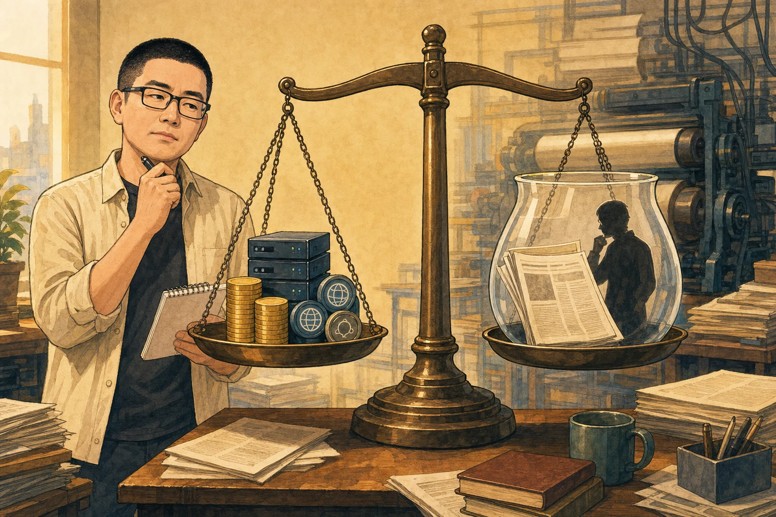 Mark studies a balance scale weighing server revenue against a reader and a newspaper protected in glass