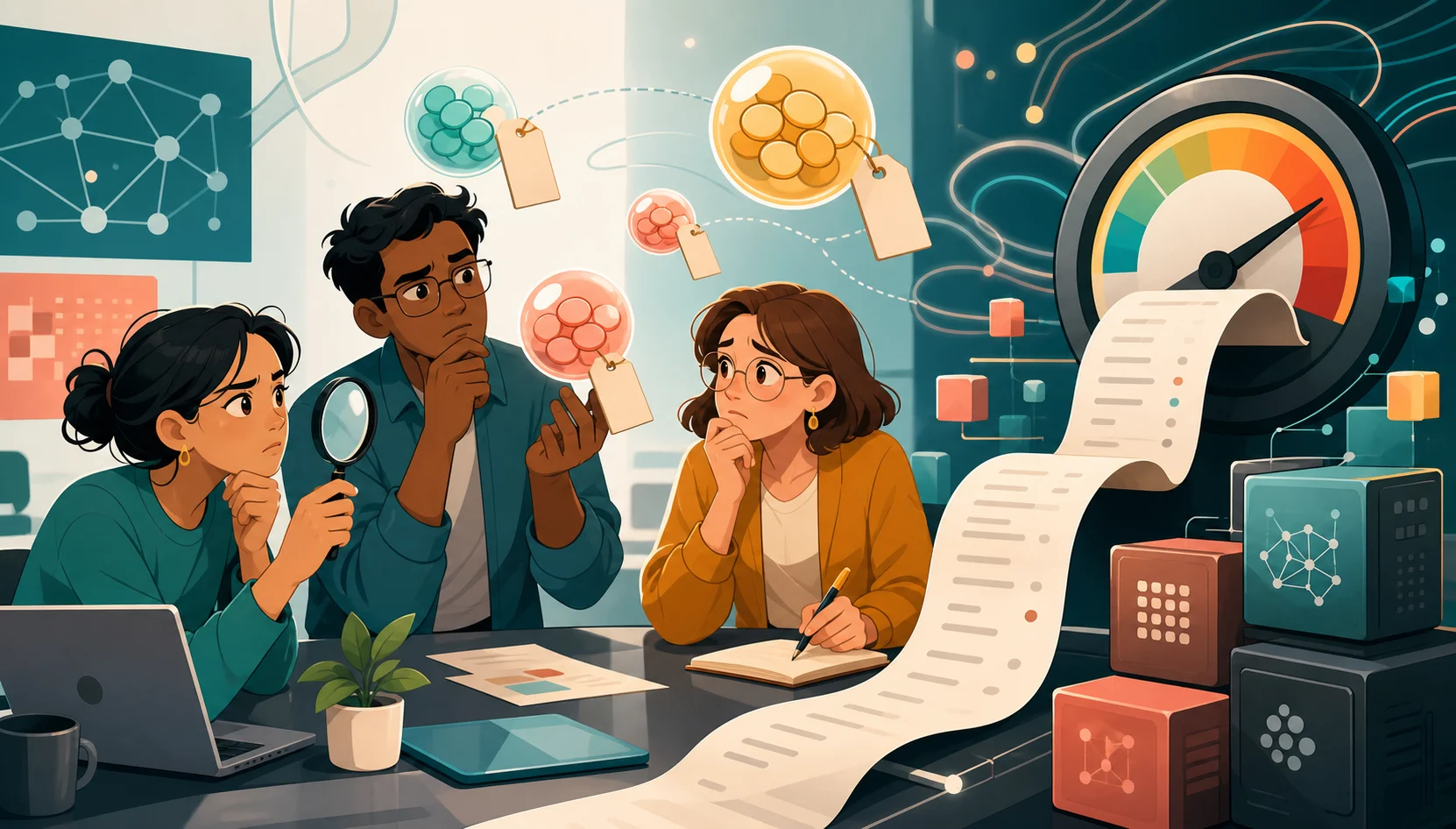 A cartoon product team studies token bubbles, blank price tags, and a long receipt curling into a cost gauge