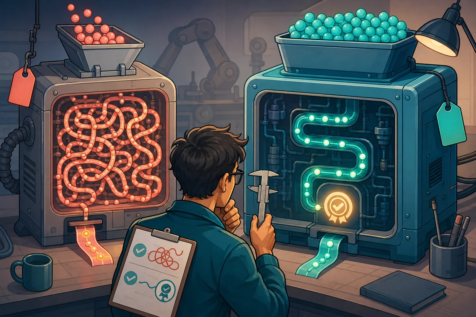 A cartoon operator compares two AI machines, one with a tangled internal path and one with a shorter path to a completed task icon