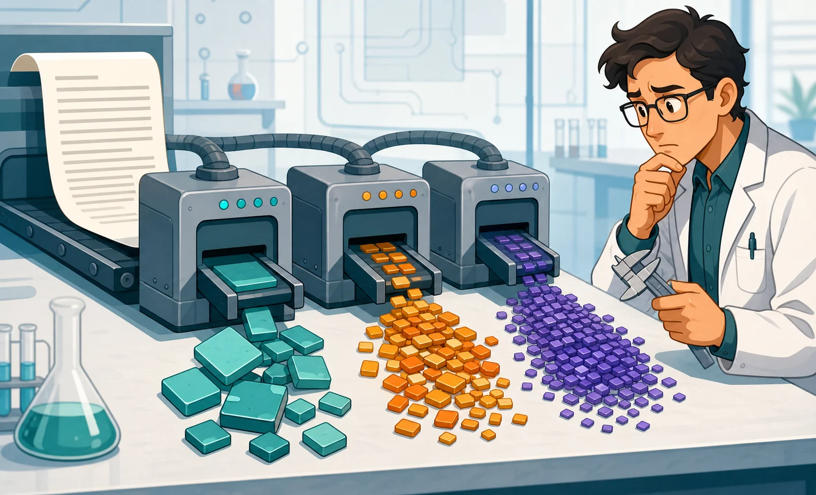 A cartoon researcher watches one blank document pass through three machines and become three differently sized token piles