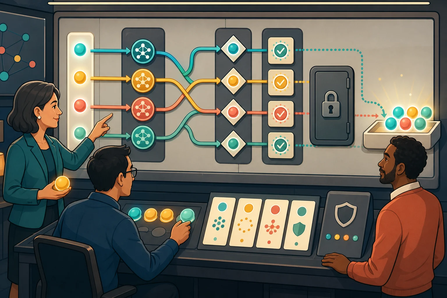 A cartoon operations team routes glowing task tokens through abstract checkpoints, a locked guardrail, and a completion tray