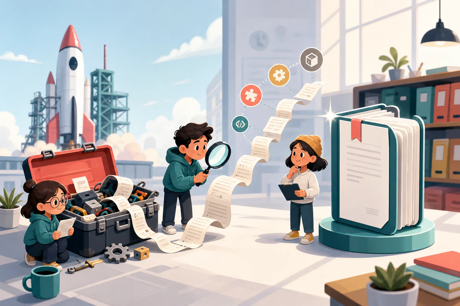 Cartoon engineers inspect a receipt trail between launch tooling and a finished document product