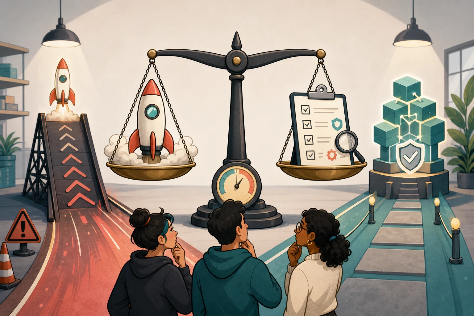 Cartoon builders weigh a fast product rocket against a provenance checklist on a large scale