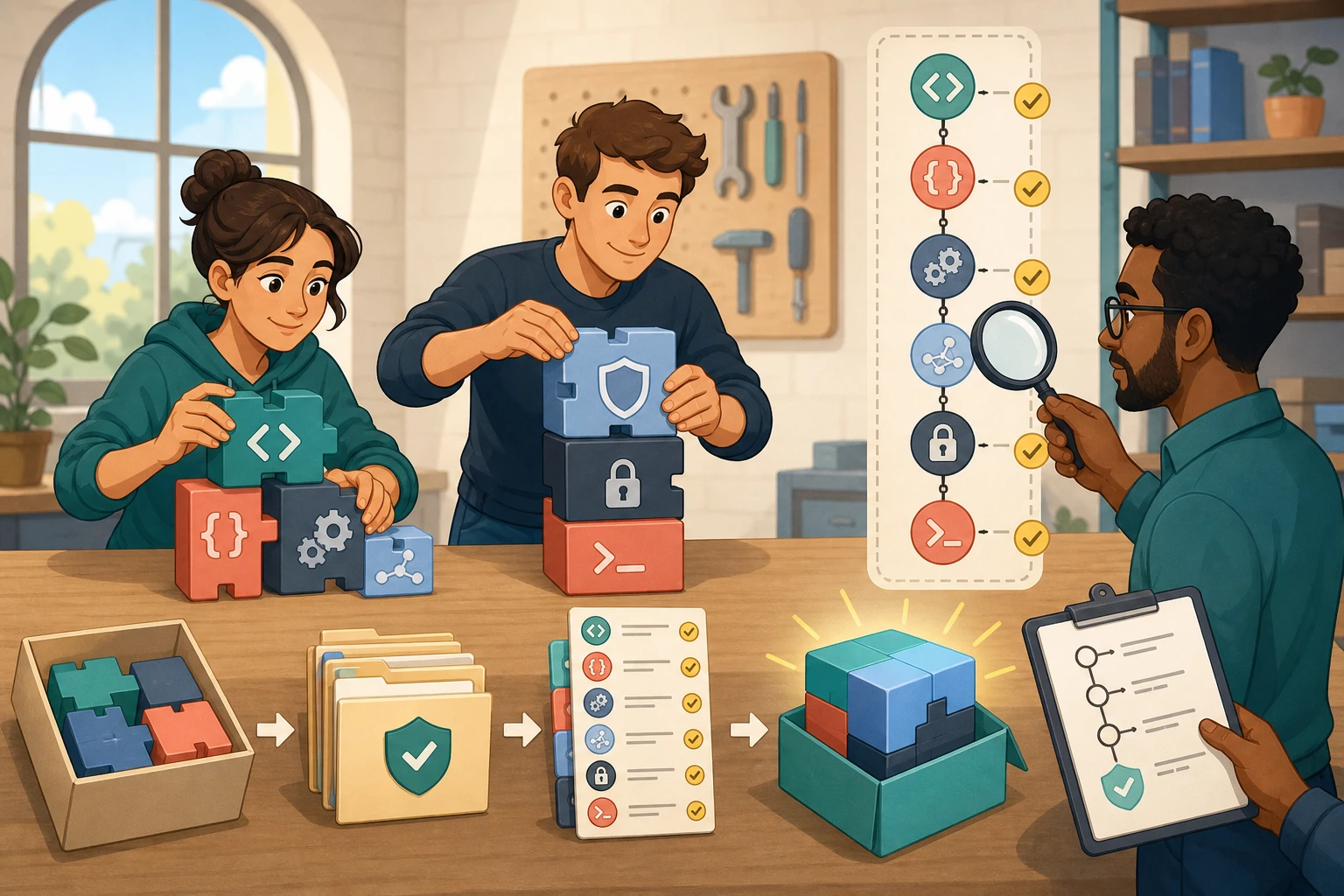 Cartoon builders assemble a product from source blocks while a reviewer checks a provenance chain