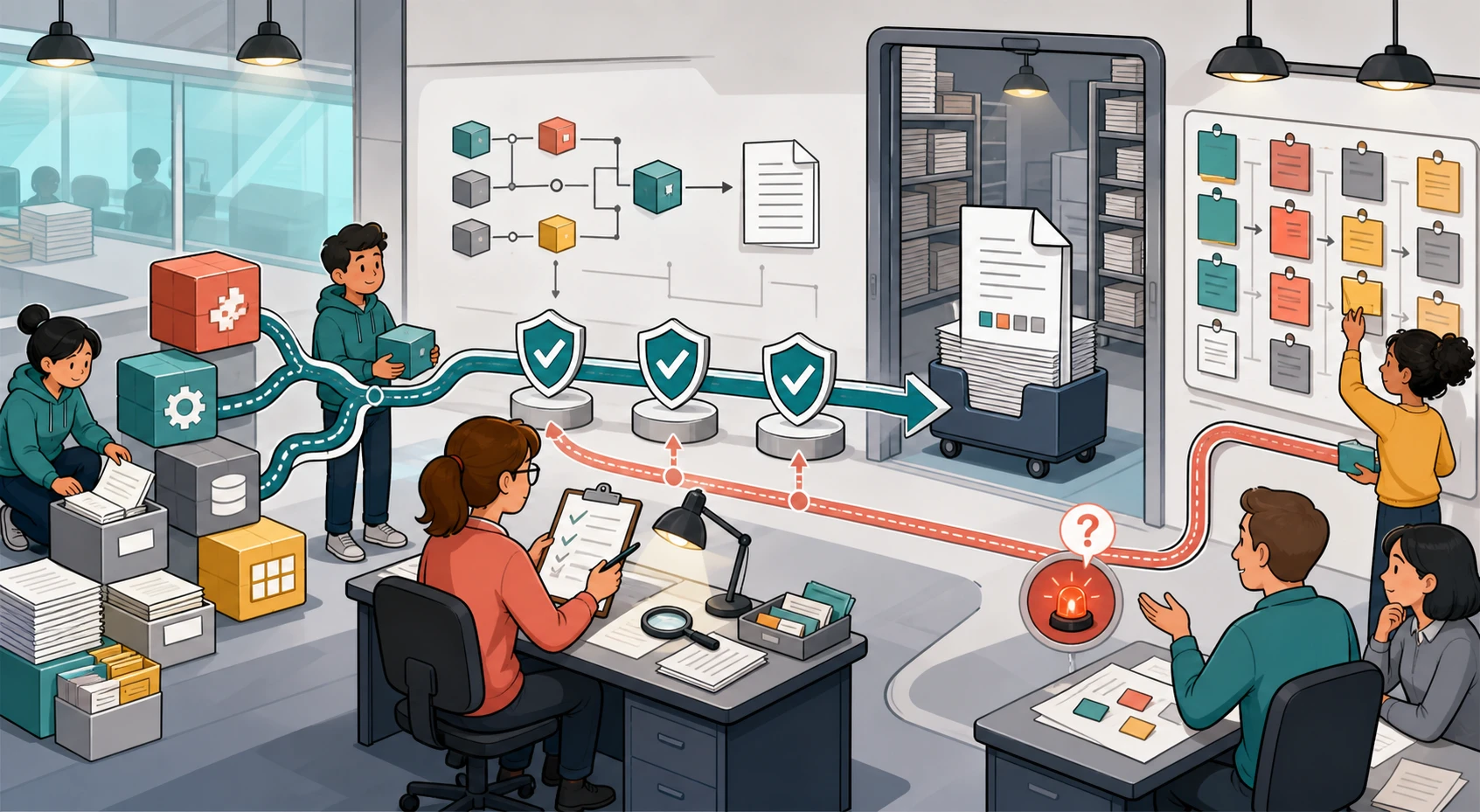 Cartoon product team adds provenance checkpoints to a document-workflow release pipeline