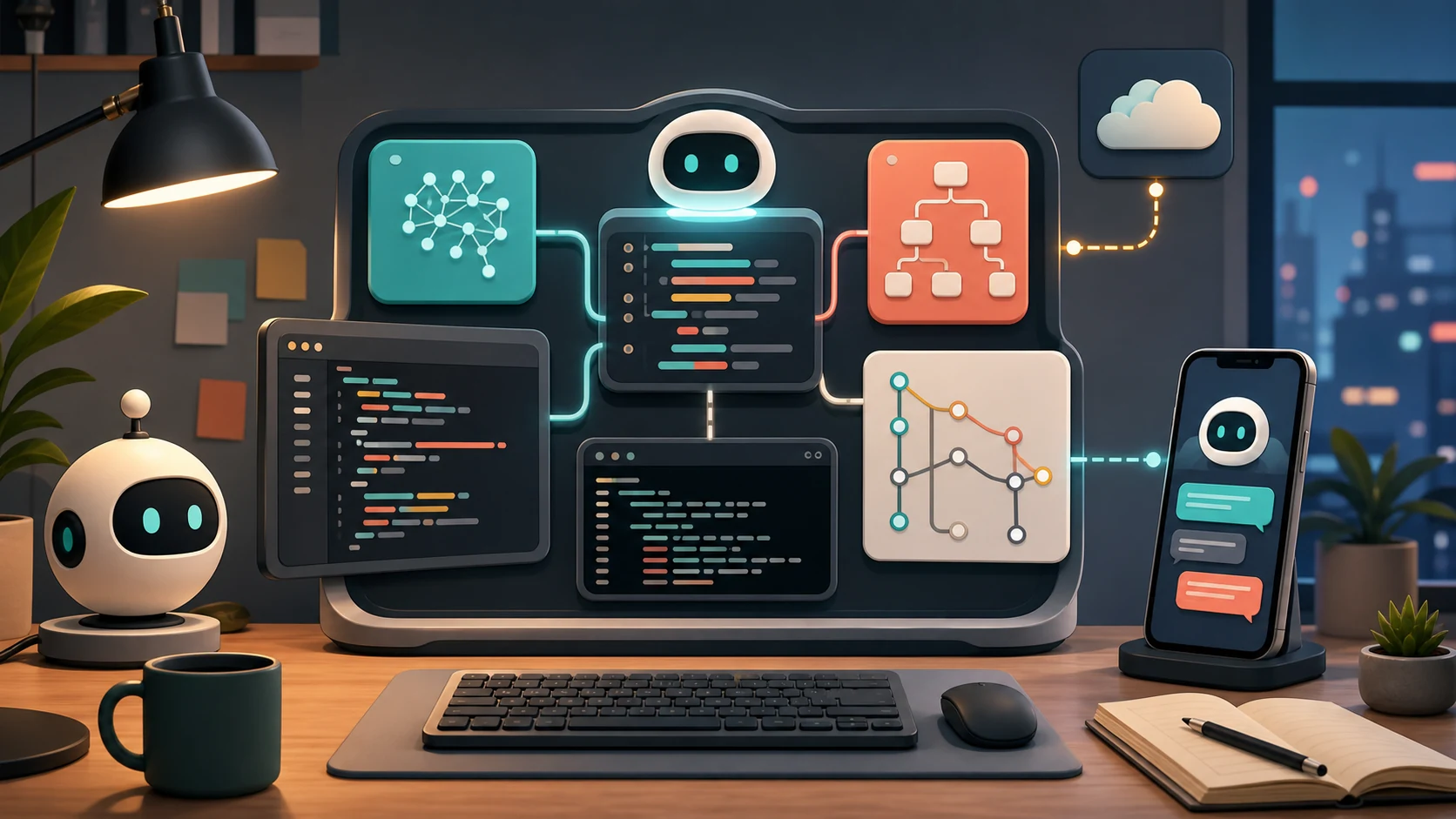 A cartoon AI coding workbench connects code panels, branch paths, terminal blocks, and a phone into one coordinated workspace