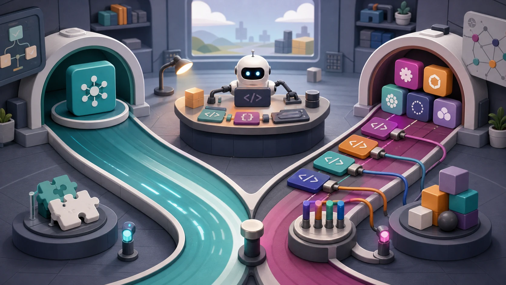 A cartoon coding agent chooses between a tightly integrated fast lane and a flexible multi-provider route