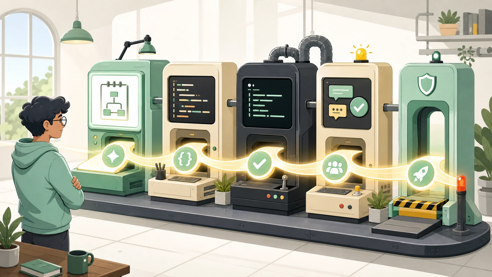 A cartoon software task flows through planning, coding, testing, review, and release stations as one continuous loop