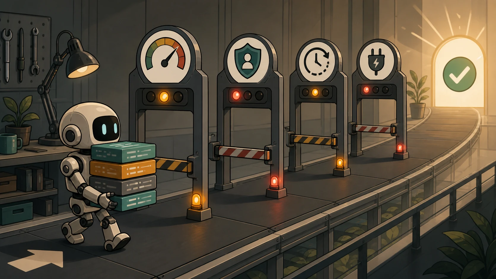 A cartoon robot carries code blocks through gates for budget, permissions, context, and tool health before reaching a checkmark